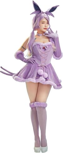 Mobbunny Women Anime Derivative Mini Dress Cosplay Costume Purple Babydoll Fluffy Dress with Headband and Tail in Saudi Arabia