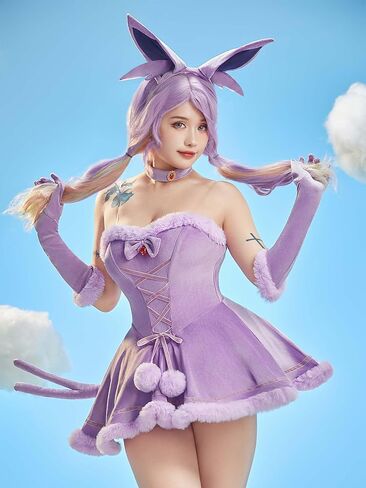 Mobbunny Women Anime Derivative Mini Dress Cosplay Costume Purple Babydoll Fluffy Dress with Headband and Tail in Saudi Arabia