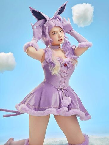 Mobbunny Women Anime Derivative Mini Dress Cosplay Costume Purple Babydoll Fluffy Dress with Headband and Tail in Saudi Arabia