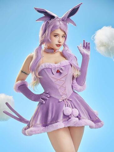 Mobbunny Women Anime Derivative Mini Dress Cosplay Costume Purple Babydoll Fluffy Dress with Headband and Tail in Saudi Arabia