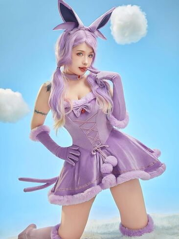 Mobbunny Women Anime Derivative Mini Dress Cosplay Costume Purple Babydoll Fluffy Dress with Headband and Tail in Saudi Arabia