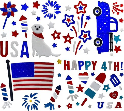 4th of July Window Gel Cling Decals, Patriotic USA Theme, Red White Blue, Stars Fireworks Flag Dog Truck Popsicle, Reusable Gel Stickers，6 Sheets (４Sheets 10x6 inch + 2 Sheets 12x10 inch) in Saudi Arabia