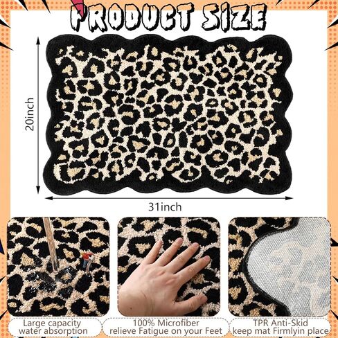 Dunzy Scalloped Cheetah Rug Leopard Bathroom Mat Cheetah Print Room Decor Cute Absorbent Bath Mat for Bathroom Non Slip Soft Leopard Bath Rug Western Decor for Home Living Room Bedroom, 20 x 31 in Saudi Arabia