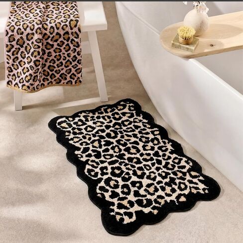 Dunzy Scalloped Cheetah Rug Leopard Bathroom Mat Cheetah Print Room Decor Cute Absorbent Bath Mat for Bathroom Non Slip Soft Leopard Bath Rug Western Decor for Home Living Room Bedroom, 20 x 31 in Saudi Arabia