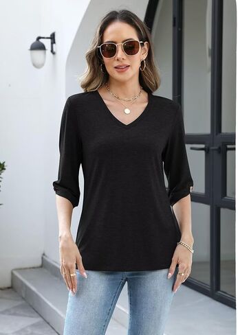 TICTICMIMI Womens Tops 3/4 Length Sleeve V Neck Casual Trendy Button Tunic Tops Summer Basic T-Shirts Loose Fit Pullover in Saudi Arabia