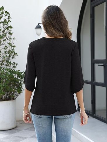 TICTICMIMI Womens Tops 3/4 Length Sleeve V Neck Casual Trendy Button Tunic Tops Summer Basic T-Shirts Loose Fit Pullover in Saudi Arabia