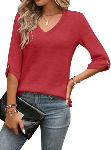 TICTICMIMI Womens Tops 3/4 Length Sleeve V Neck Casual Trendy Button Tunic Tops Summer Basic T-Shirts Loose Fit Pullover in Saudi Arabia