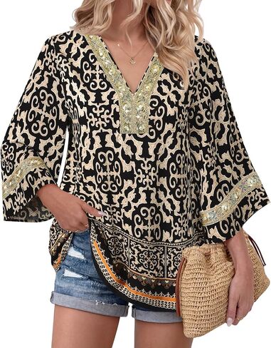 بلوزات Bebonnie النسائية 3/4 كم مطرزة برقبة على شكل حرف V بلوزات بوهو قديمة الطراز أنيقة كاجوال تونيك in Kuwait