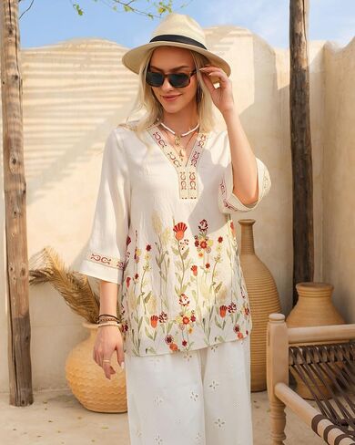 بلوزات Bebonnie النسائية 3/4 كم مطرزة برقبة على شكل حرف V بلوزات بوهو قديمة الطراز أنيقة كاجوال تونيك in Kuwait