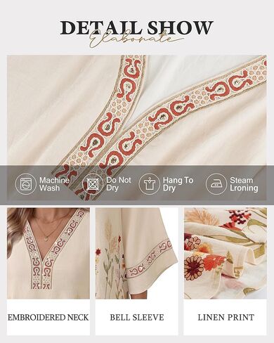 بلوزات Bebonnie النسائية 3/4 كم مطرزة برقبة على شكل حرف V بلوزات بوهو قديمة الطراز أنيقة كاجوال تونيك in Kuwait