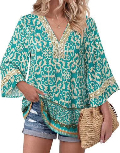 بلوزات Bebonnie النسائية 3/4 كم مطرزة برقبة على شكل حرف V بلوزات بوهو قديمة الطراز أنيقة كاجوال تونيك in Kuwait