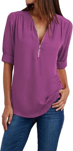 JOFOW Women's Summer Shirt V Neck Long Sleeve Shirts Zip Up Trendy Shirts Solid Dressy Casual Tunic Tops in Saudi Arabia