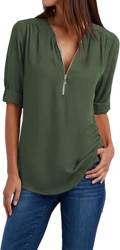 JOFOW Women's Summer Shirt V Neck Long Sleeve Shirts Zip Up Trendy Shirts Solid Dressy Casual Tunic Tops in Saudi Arabia