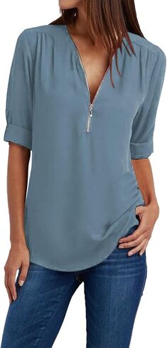JOFOW Women's Summer Shirt V Neck Long Sleeve Shirts Zip Up Trendy Shirts Solid Dressy Casual Tunic Tops in Saudi Arabia