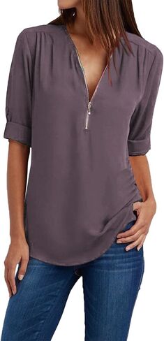 JOFOW Women's Summer Shirt V Neck Long Sleeve Shirts Zip Up Trendy Shirts Solid Dressy Casual Tunic Tops in Saudi Arabia
