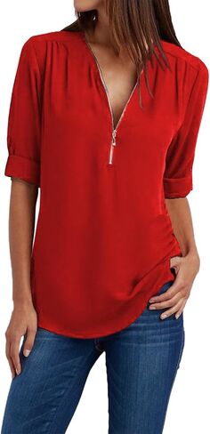 JOFOW Women's Summer Shirt V Neck Long Sleeve Shirts Zip Up Trendy Shirts Solid Dressy Casual Tunic Tops in Saudi Arabia