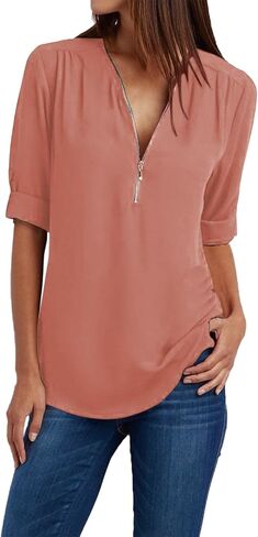 JOFOW Women's Summer Shirt V Neck Long Sleeve Shirts Zip Up Trendy Shirts Solid Dressy Casual Tunic Tops in Saudi Arabia