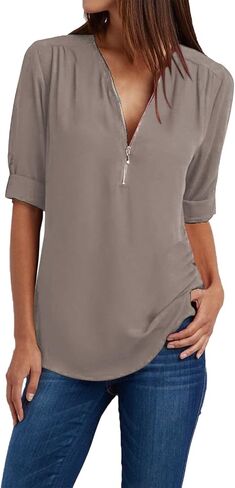 JOFOW Women's Summer Shirt V Neck Long Sleeve Shirts Zip Up Trendy Shirts Solid Dressy Casual Tunic Tops in Saudi Arabia