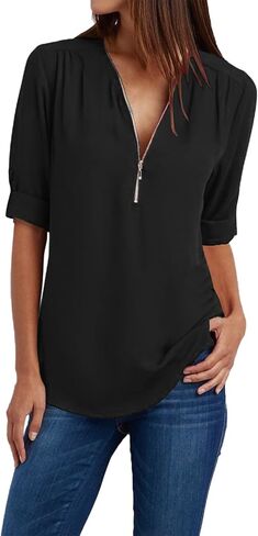 JOFOW Women's Summer Shirt V Neck Long Sleeve Shirts Zip Up Trendy Shirts Solid Dressy Casual Tunic Tops in Saudi Arabia