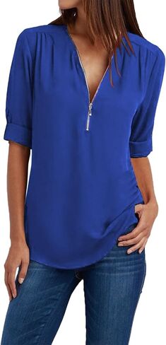 JOFOW Women's Summer Shirt V Neck Long Sleeve Shirts Zip Up Trendy Shirts Solid Dressy Casual Tunic Tops in Saudi Arabia
