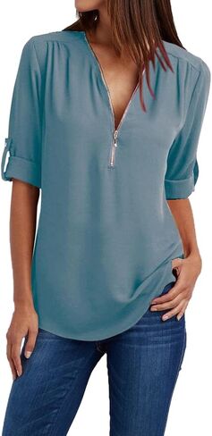 JOFOW Women's Summer Shirt V Neck Long Sleeve Shirts Zip Up Trendy Shirts Solid Dressy Casual Tunic Tops in Saudi Arabia