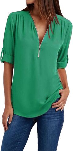 JOFOW Women's Summer Shirt V Neck Long Sleeve Shirts Zip Up Trendy Shirts Solid Dressy Casual Tunic Tops in Saudi Arabia