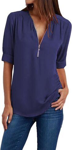 JOFOW Women's Summer Shirt V Neck Long Sleeve Shirts Zip Up Trendy Shirts Solid Dressy Casual Tunic Tops in Saudi Arabia