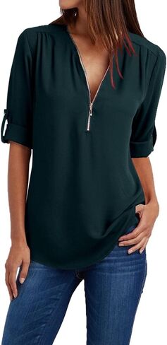 JOFOW Women's Summer Shirt V Neck Long Sleeve Shirts Zip Up Trendy Shirts Solid Dressy Casual Tunic Tops in Saudi Arabia