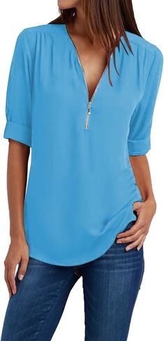 JOFOW Women's Summer Shirt V Neck Long Sleeve Shirts Zip Up Trendy Shirts Solid Dressy Casual Tunic Tops in Saudi Arabia