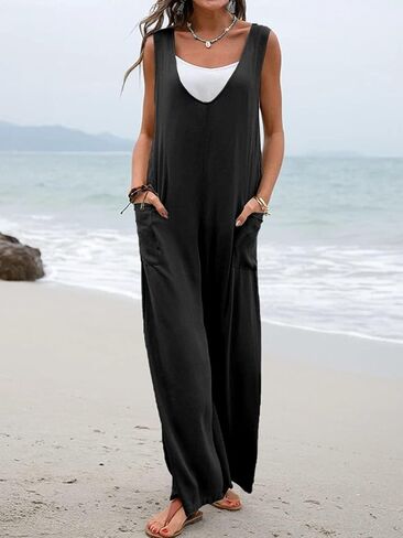Women’s Sleeveless Wide Leg Jumpsuit - Casual Loose Fit V Neck Long Romper with Pockets Summer Beach Outfit in Saudi Arabia