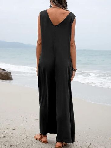 Women’s Sleeveless Wide Leg Jumpsuit - Casual Loose Fit V Neck Long Romper with Pockets Summer Beach Outfit in Saudi Arabia
