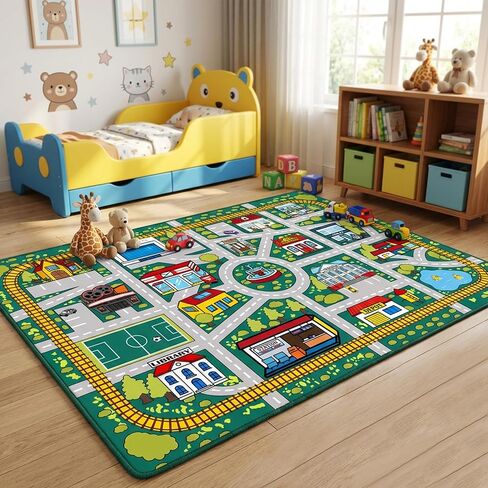 Kids Car Road Rug (3x5 Ft), Non-Slip City Traffic Play Mat for Toy Cars, Train Track Carpet for Kids Room, Educational Town Map with Police Station, Hospital & Cinema in Saudi Arabia