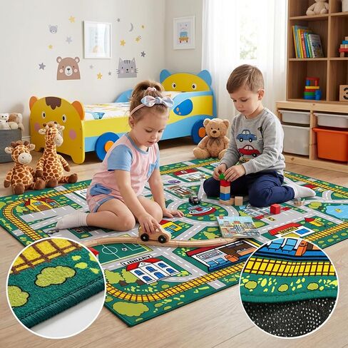 Kids Car Road Rug (3x5 Ft), Non-Slip City Traffic Play Mat for Toy Cars, Train Track Carpet for Kids Room, Educational Town Map with Police Station, Hospital & Cinema in Saudi Arabia