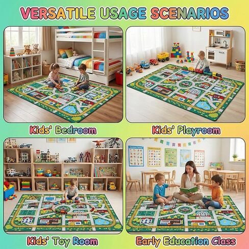 Kids Car Road Rug (3x5 Ft), Non-Slip City Traffic Play Mat for Toy Cars, Train Track Carpet for Kids Room, Educational Town Map with Police Station, Hospital & Cinema in Saudi Arabia