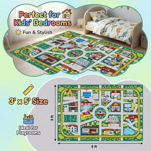 Kids Car Road Rug (3x5 Ft), Non-Slip City Traffic Play Mat for Toy Cars, Train Track Carpet for Kids Room, Educational Town Map with Police Station, Hospital & Cinema in Saudi Arabia