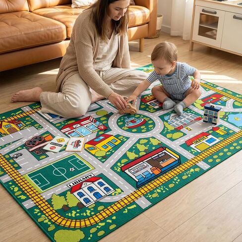Kids Car Road Rug (3x5 Ft), Non-Slip City Traffic Play Mat for Toy Cars, Train Track Carpet for Kids Room, Educational Town Map with Police Station, Hospital & Cinema in Saudi Arabia