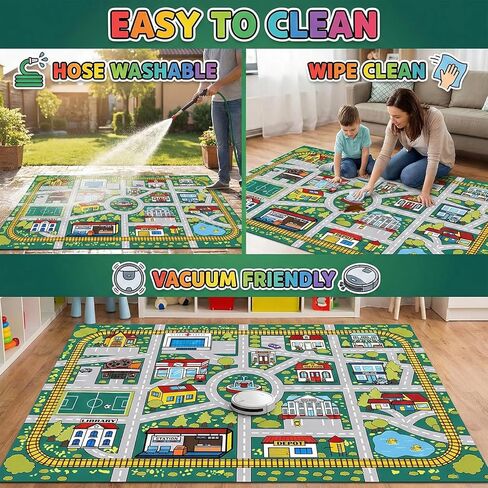 Kids Car Road Rug (3x5 Ft), Non-Slip City Traffic Play Mat for Toy Cars, Train Track Carpet for Kids Room, Educational Town Map with Police Station, Hospital & Cinema in Saudi Arabia