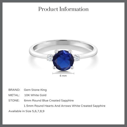 خاتم خطوبة سوليتير من الذهب الأبيض عيار 10 قيراط من الذهب الأبيض والأزرق من Gem Stone King والياقوت الأبيض المبتكر للنساء (0.78 قيراط، دائري 6 مم، حجر كريم بخت شهر سبتمبر) in Saudi Arabia