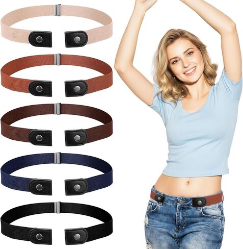 5 Pcs Buckleless Belts for Women, Stretchable Invisible Belt 60-104cm, No Metal Buckle Elastic Waistband for Office, Travel & Daily Wear, 3cm Wide (5 Colors) in Kuwait