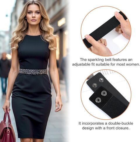 Rhinestone Elastic Waist Belt For Women - Black Dress Belt with Rhinestones - Rhinestone Belts for Women Adjustable Dress Sash With Rectangular Buckle in Kuwait