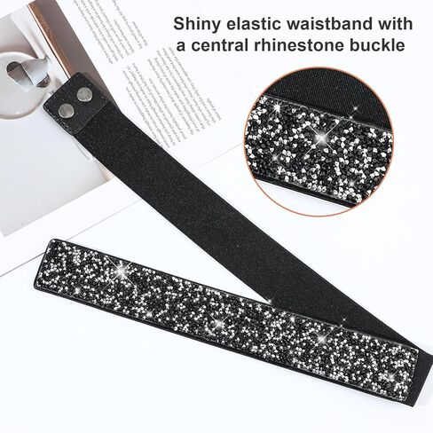 Rhinestone Elastic Waist Belt For Women - Black Dress Belt with Rhinestones - Rhinestone Belts for Women Adjustable Dress Sash With Rectangular Buckle in Kuwait