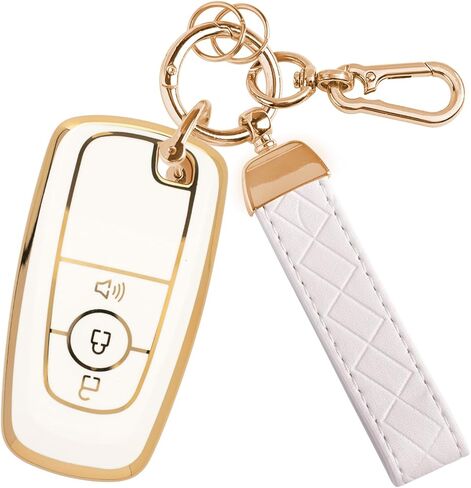 غطاء مفتاح Fob بثلاثة أزرار من مادة TPU لسيارة Ford، حافظة مفتاح Fob لعام 2018 2019 2020 2021 2022 2023 2024 Ford Explorer F-150 Fusion Mustang Escape Edge Bronco Ranger Expedition (أبيض) in Kuwait