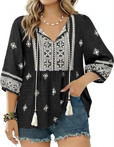 بوهو بلايز للنساء الأزهار طباعة 3/4 كم الخامس الرقبة بلوزة مطوي Flowy عطلة عادية الصيف تونك البلوزات in Kuwait