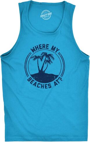 Funny Beach Tank Top for Men – Where My Beaches at? Palm Tree Design – Lightweight Cotton Sleeveless Shirt – Summer Workout Tank for Guys and Vacation Trips - Turquoise L in Saudi Arabia