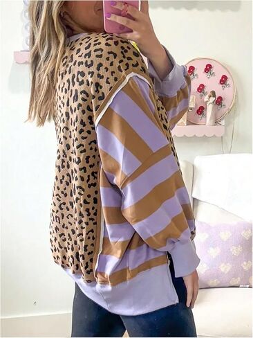 Milumia Women's Striped Leopard Print Sweatshirt Long Sleeve Side Slit Loose Pullover Tops in Saudi Arabia