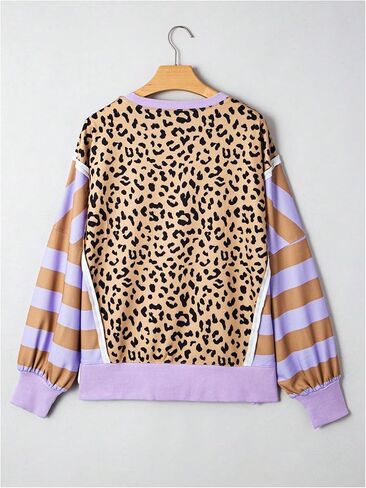 Milumia Women's Striped Leopard Print Sweatshirt Long Sleeve Side Slit Loose Pullover Tops in Saudi Arabia