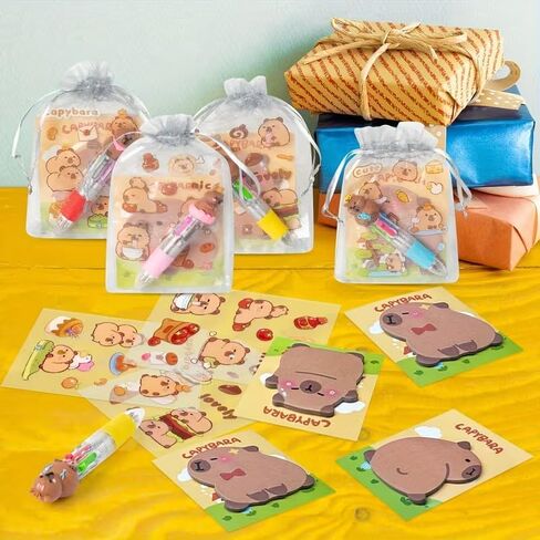 8pc Capybara Stationery Party Gift - Capybara Pattern Design, Ballpoint Ben with Sticky Notes, Stickers and Drawstring Bag Set, Khaki, 8pc in Saudi Arabia