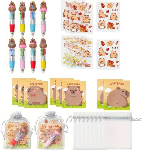 8pc Capybara Stationery Party Gift - Capybara Pattern Design, Ballpoint Ben with Sticky Notes, Stickers and Drawstring Bag Set, Khaki, 8pc in Saudi Arabia