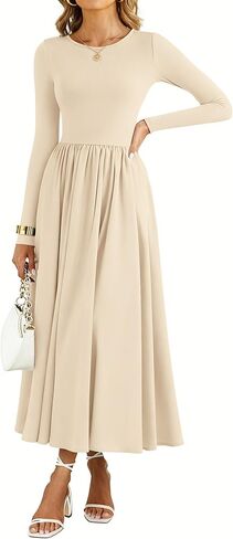 KIRUNDO Women Casual Long Sleeve Wedding Guest Dress Fall Dresses Homecoming Elegant Boho Flowy Midi Dress with Pockets in Kuwait