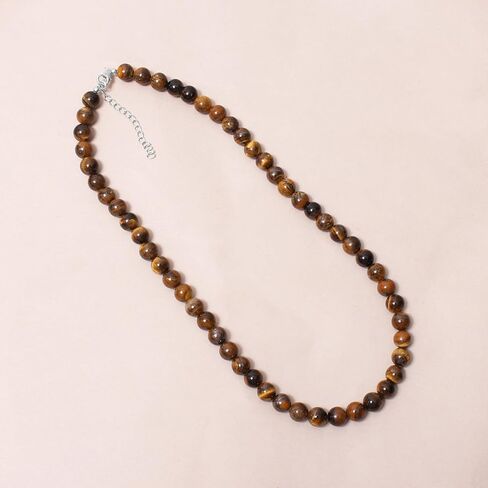 A&M Gems Natural Tiger Eye 8mm Smooth Round Beaded Necklace for Men & Women | 925 Sterling Silver Yoga & Healing Jewelry in Saudi Arabia